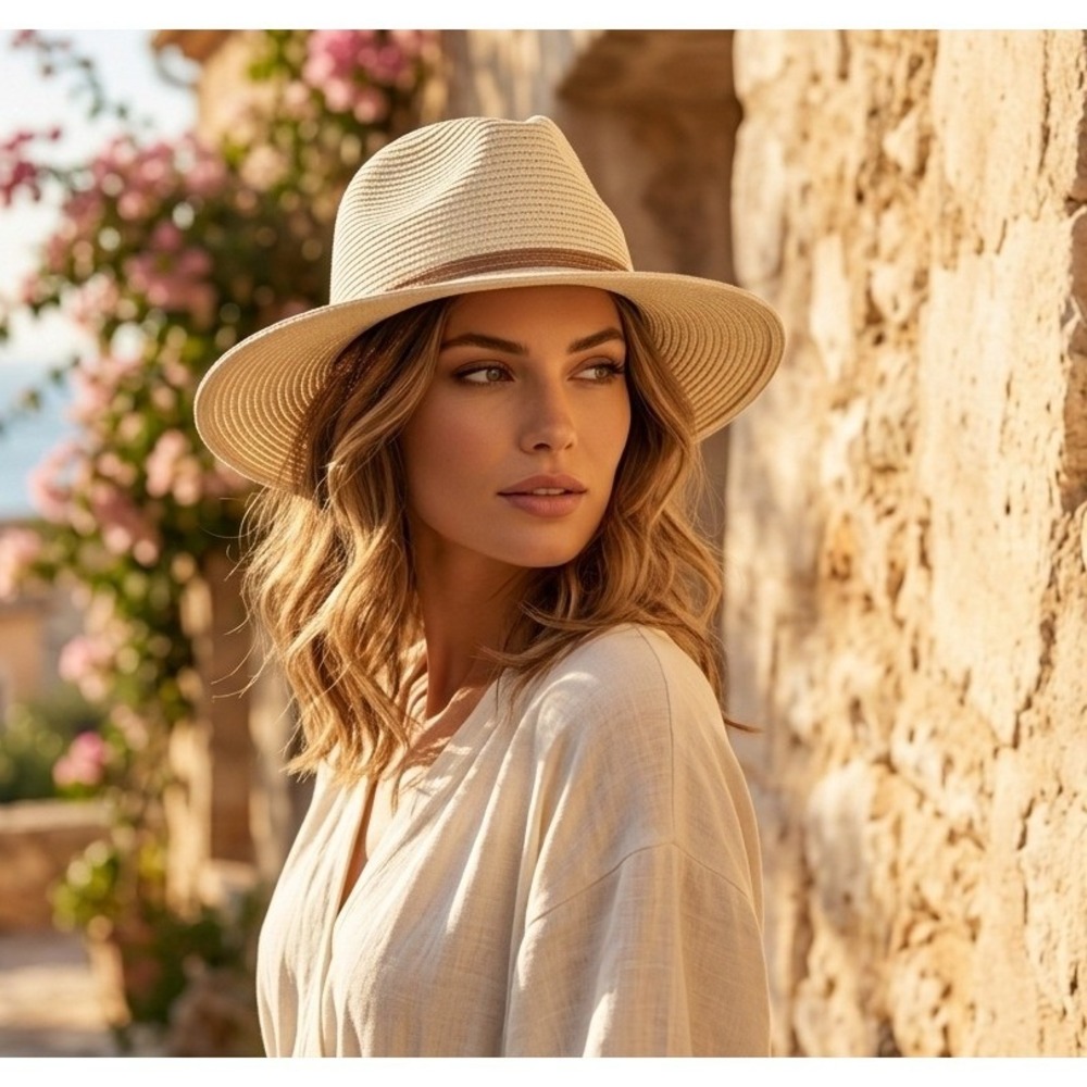 Parfois Hat Women Collection Cream Straw Fedora Sun Wide Brim Tan Band One Size